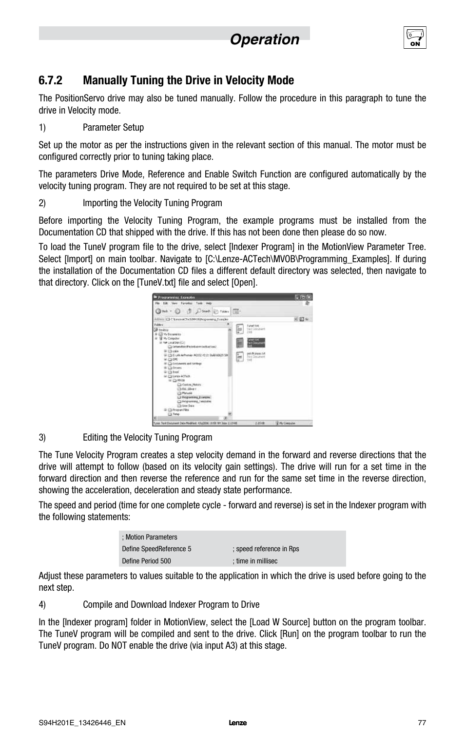 Operation, 2 manually tuning the drive in velocity mode | Lenze E94P PositionServo with MVOB User Manual | Page 79 / 102