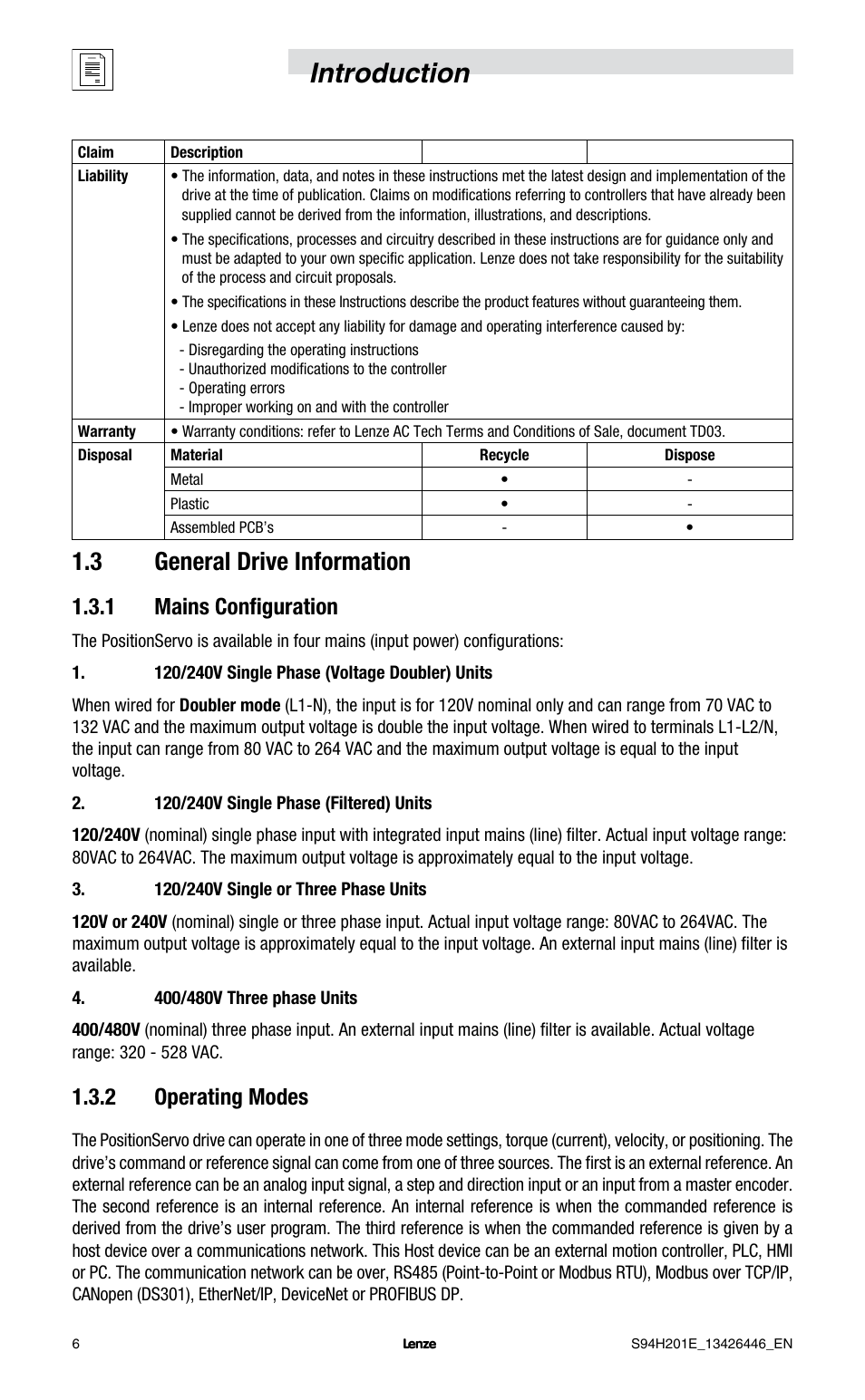 Introduction, 3 general drive information, 1 mains configuration | 2 operating modes | Lenze E94P PositionServo with MVOB User Manual | Page 8 / 102