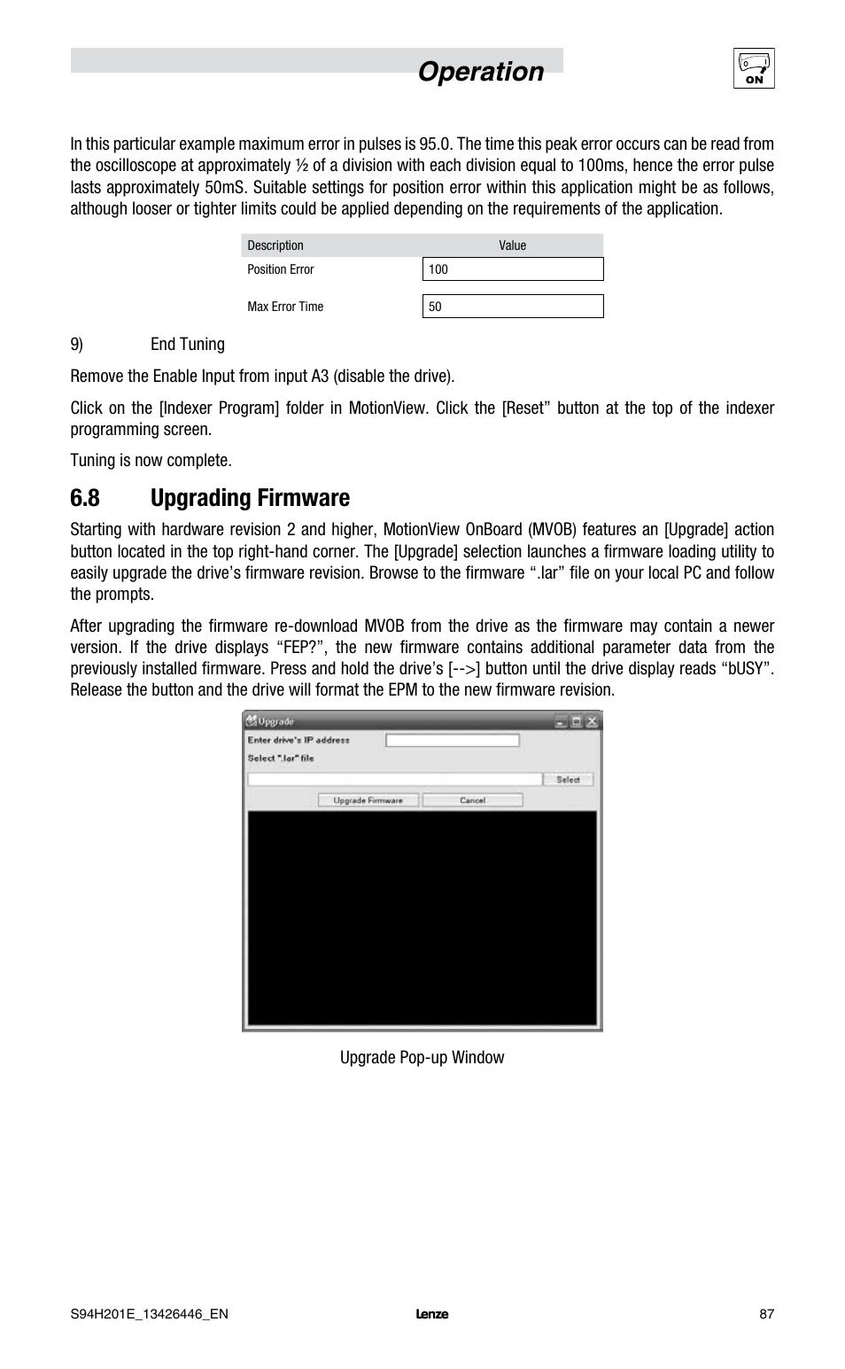 Operation, 8 upgrading firmware | Lenze E94P PositionServo with MVOB User Manual | Page 89 / 102