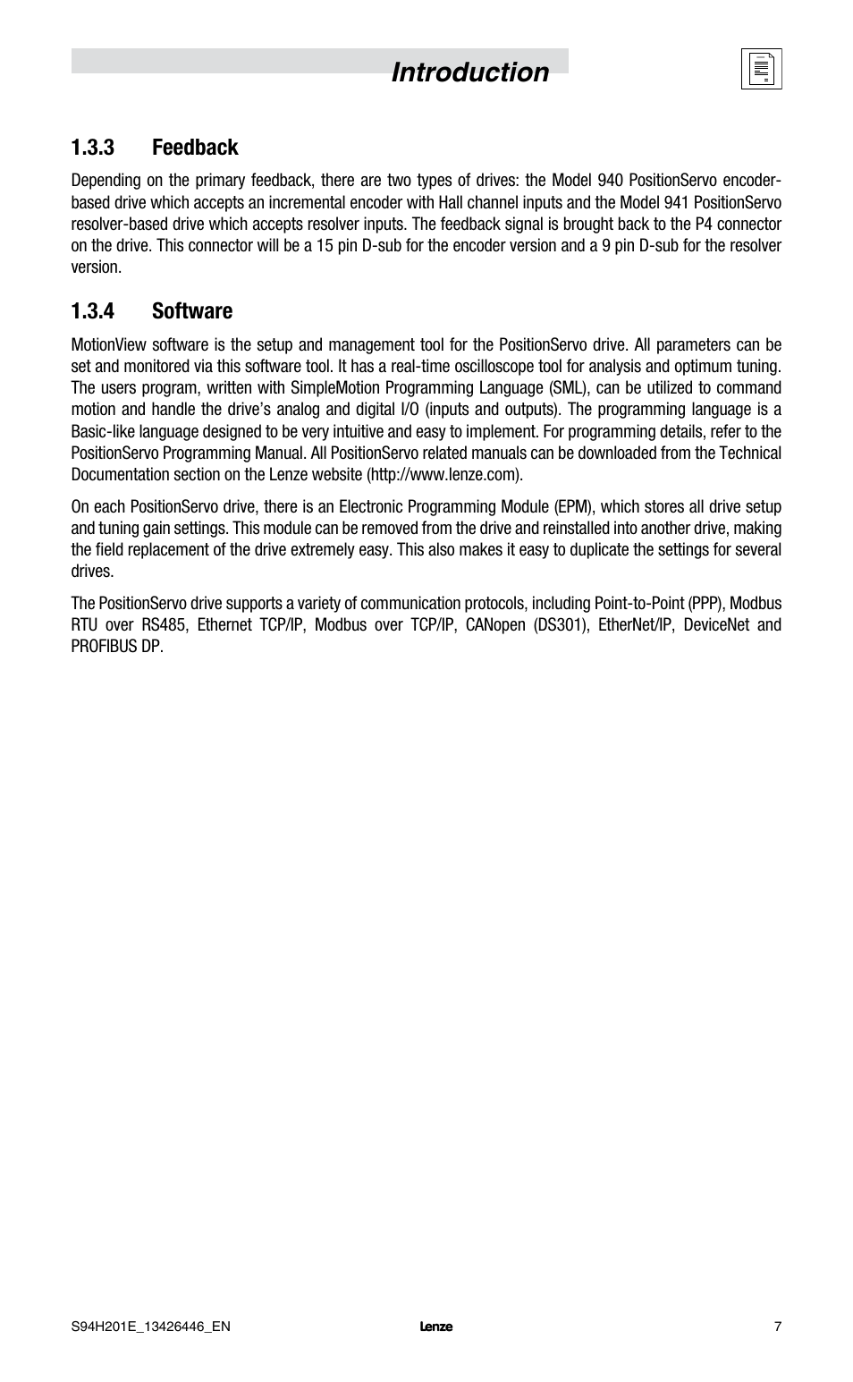 Introduction, 3 feedback, 4 software | Lenze E94P PositionServo with MVOB User Manual | Page 9 / 102