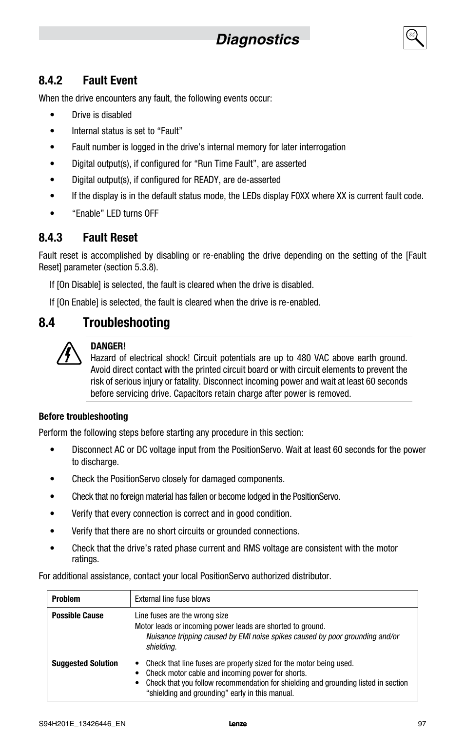 Diagnostics, 4 troubleshooting, 2 fault event | 3 fault reset | Lenze E94P PositionServo with MVOB User Manual | Page 99 / 102