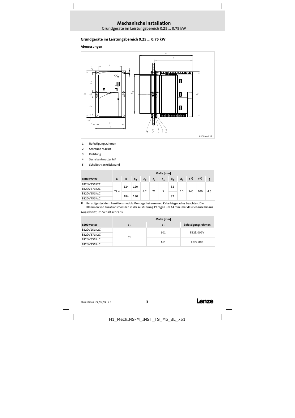 2 mechanische installation, Grundgeräte im leistungsbereich 0.25 kw, Mechanische installation | Lenze E82ZJ00x User Manual | Page 3 / 18
