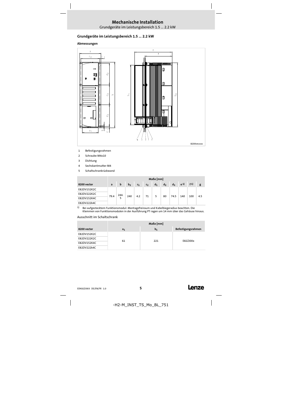 Grundgeräte im leistungsbereich 1.5 kw, Mechanische installation | Lenze E82ZJ00x User Manual | Page 5 / 18