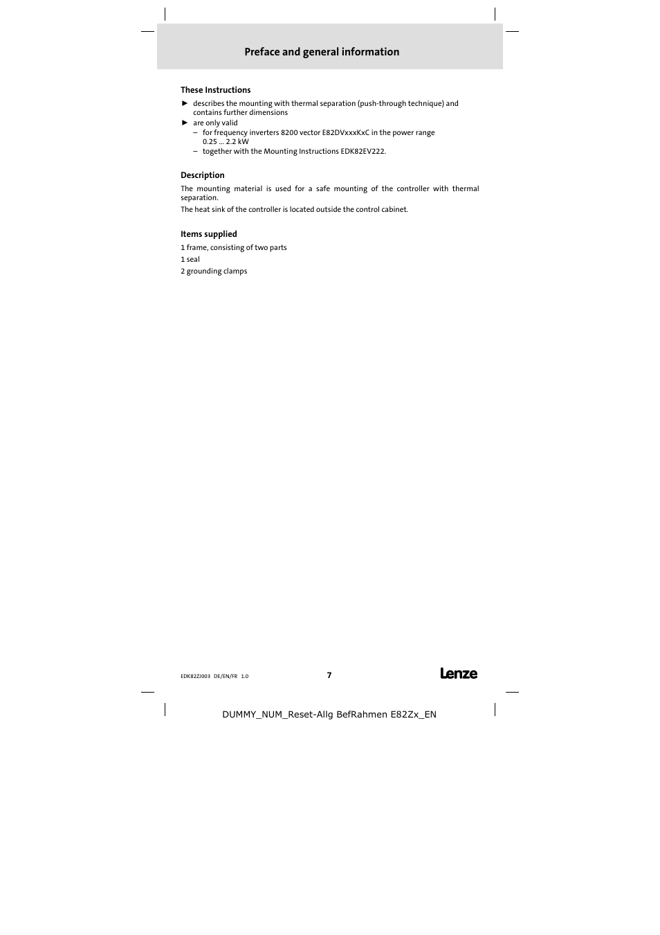 1 preface and general information, These instructions, Description | Items supplied, Preface and general information | Lenze E82ZJ00x User Manual | Page 7 / 18