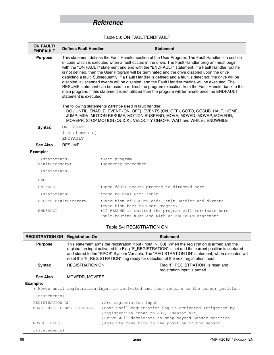 Reference | Lenze E94P PositionServo with MVOB User Manual | Page 100 / 140
