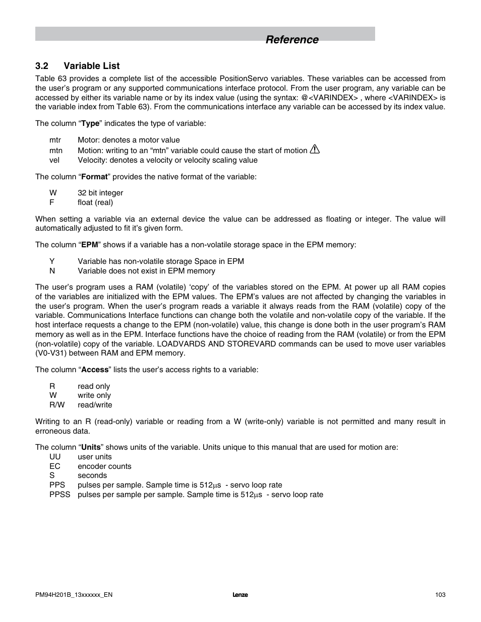 Reference | Lenze E94P PositionServo with MVOB User Manual | Page 105 / 140
