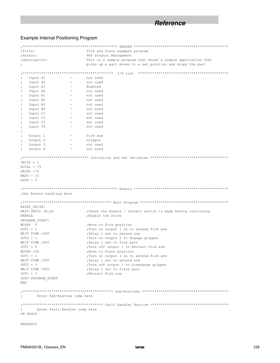 Reference, Example internal positioning program | Lenze E94P PositionServo with MVOB User Manual | Page 131 / 140