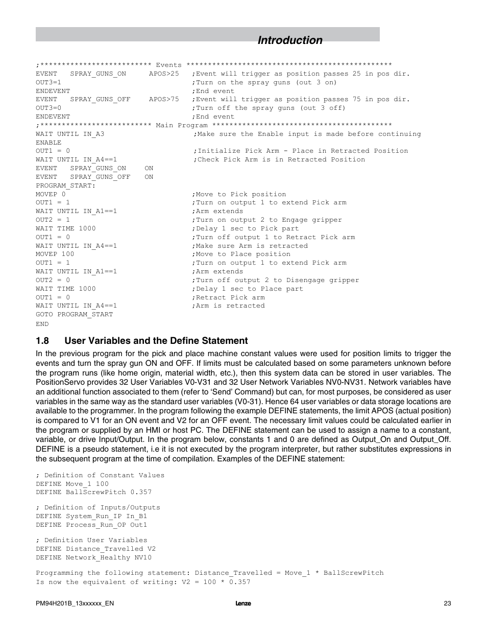 Introduction, 8 user variables and the define statement | Lenze E94P PositionServo with MVOB User Manual | Page 25 / 140