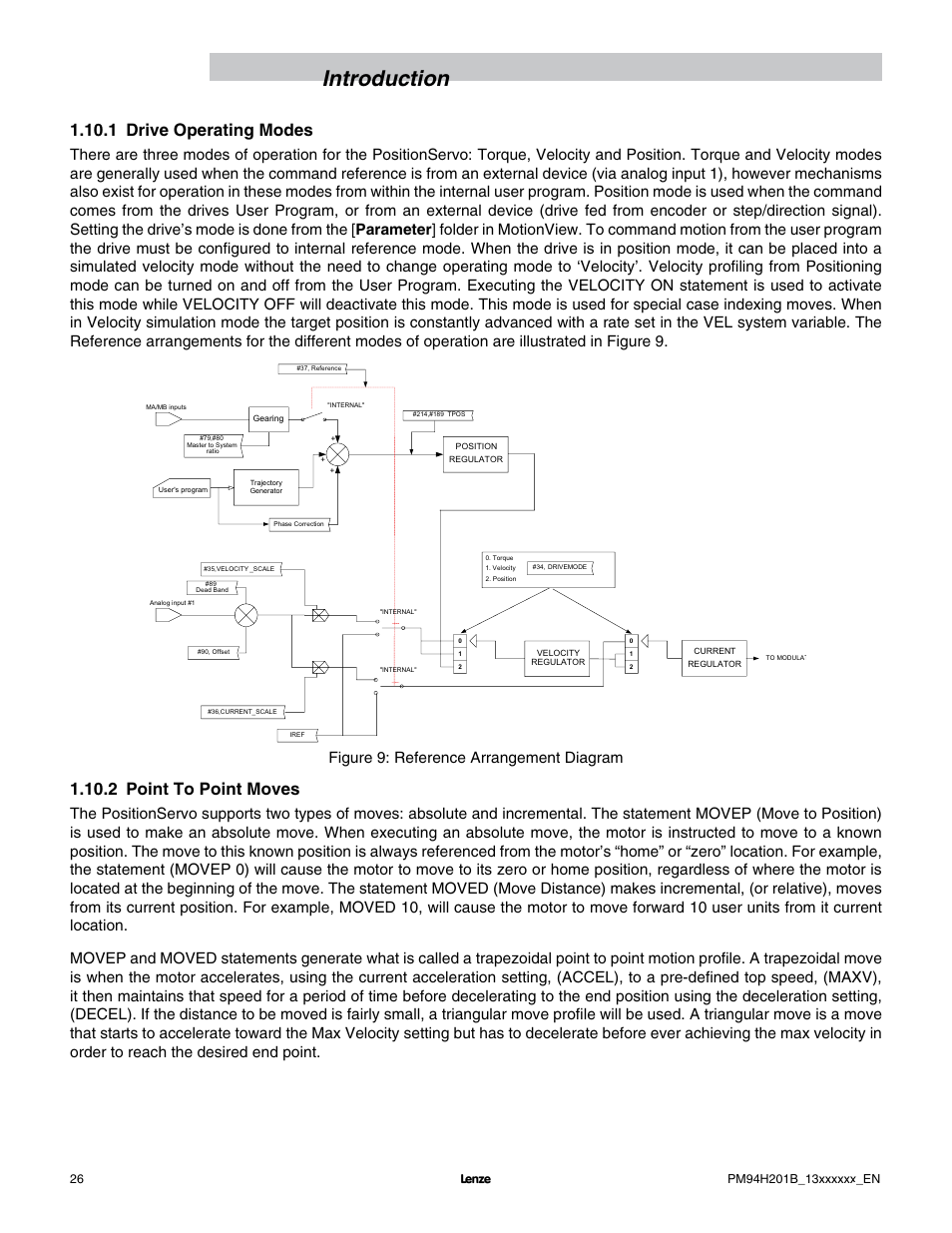 Introduction, 1 drive operating modes, 2 point to point moves | Figure 9: reference arrangement diagram | Lenze E94P PositionServo with MVOB User Manual | Page 28 / 140