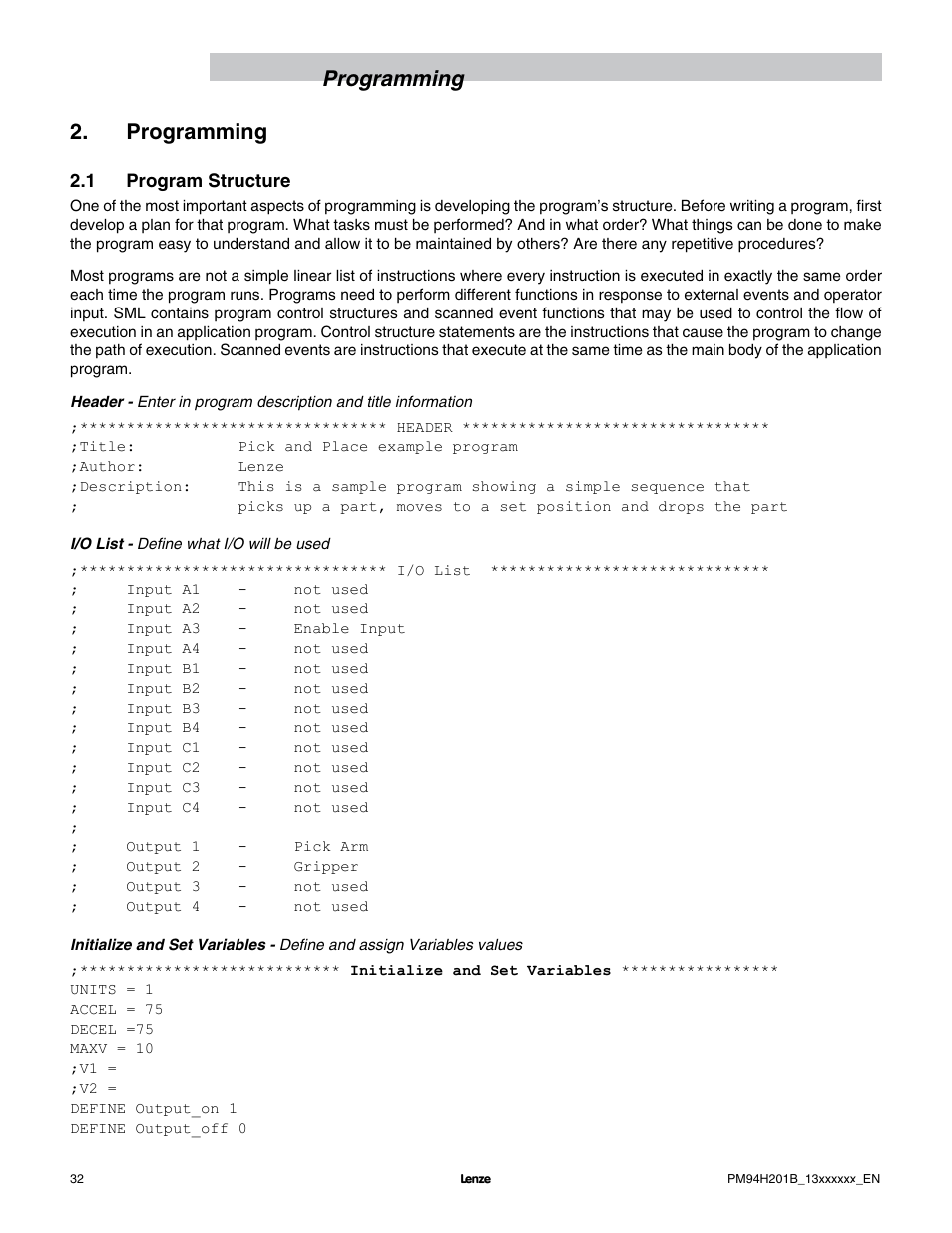 Programming 2. programming | Lenze E94P PositionServo with MVOB User Manual | Page 34 / 140