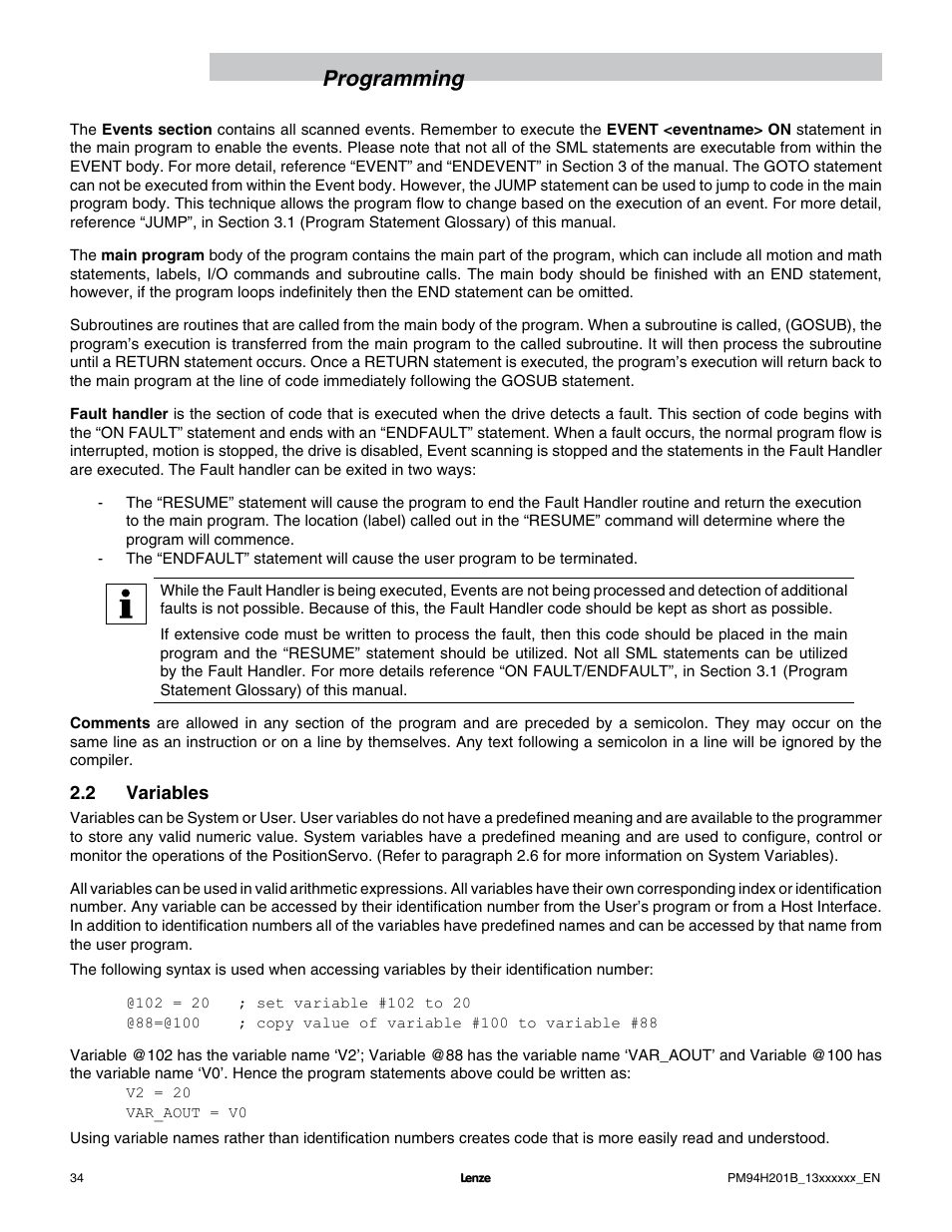 Programming | Lenze E94P PositionServo with MVOB User Manual | Page 36 / 140