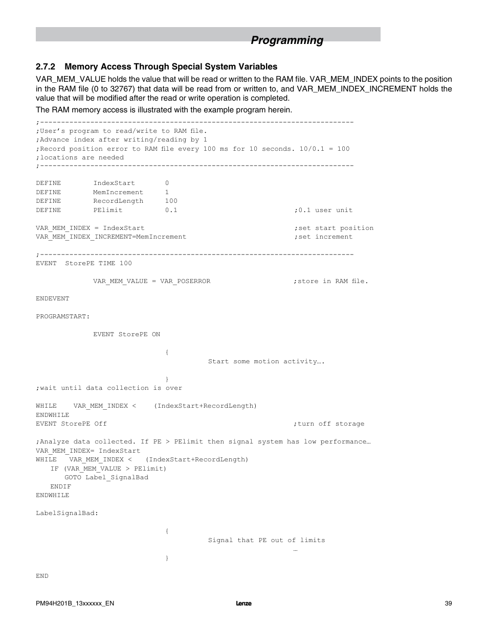 Programming | Lenze E94P PositionServo with MVOB User Manual | Page 41 / 140