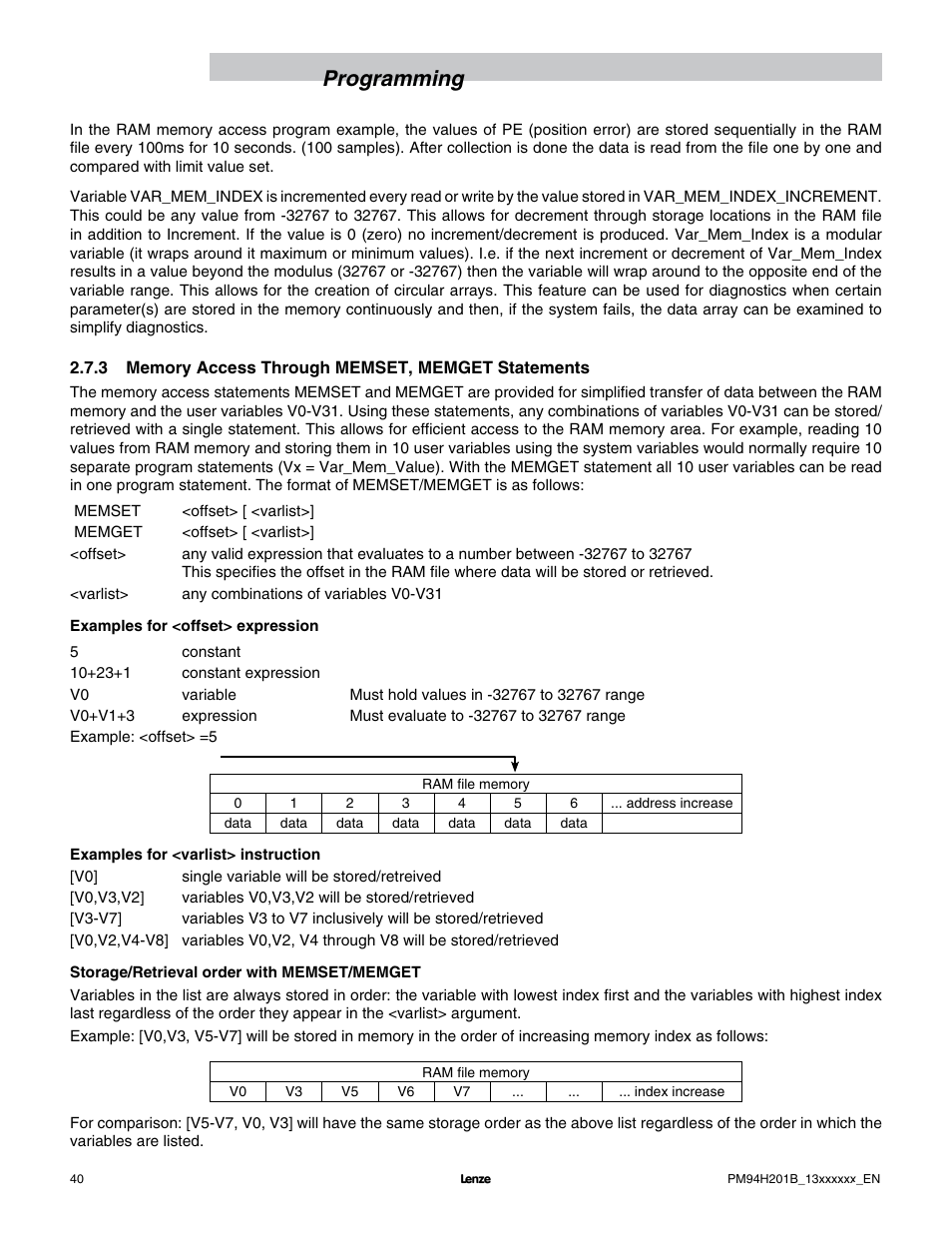 Programming | Lenze E94P PositionServo with MVOB User Manual | Page 42 / 140