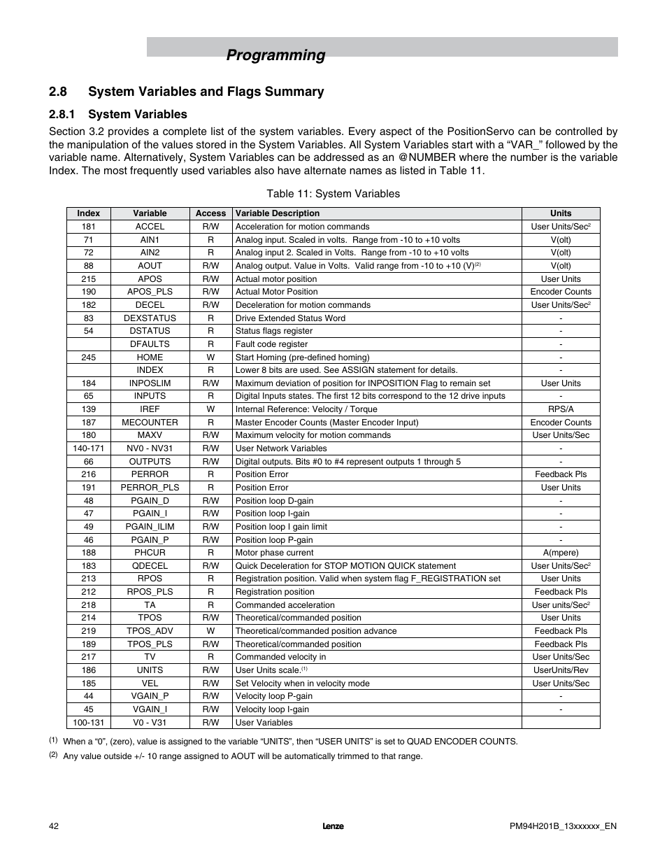 Programming, 8 system variables and flags summary, 1 system variables | Lenze E94P PositionServo with MVOB User Manual | Page 44 / 140