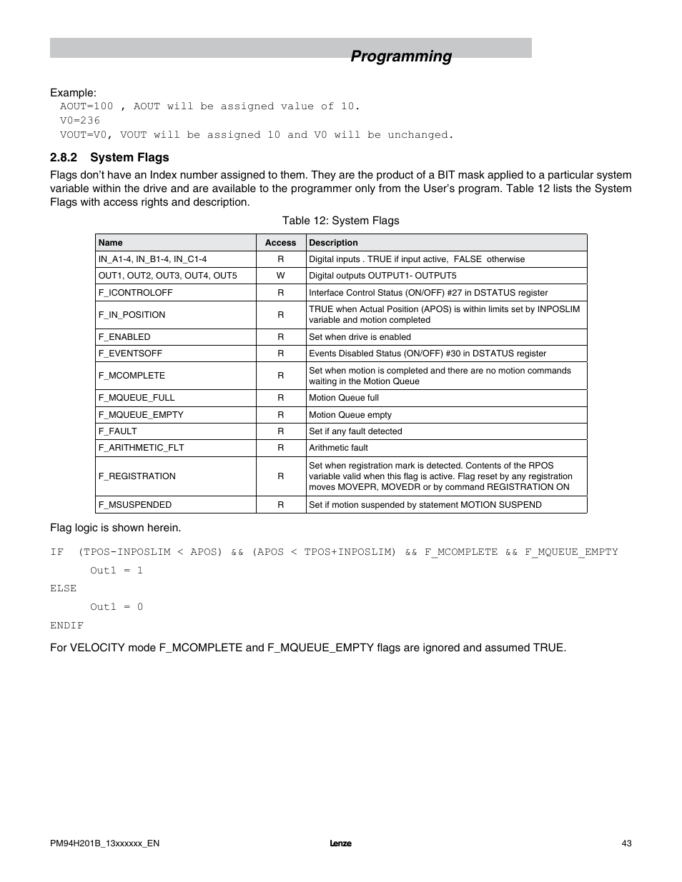 Programming, 2 system flags | Lenze E94P PositionServo with MVOB User Manual | Page 45 / 140