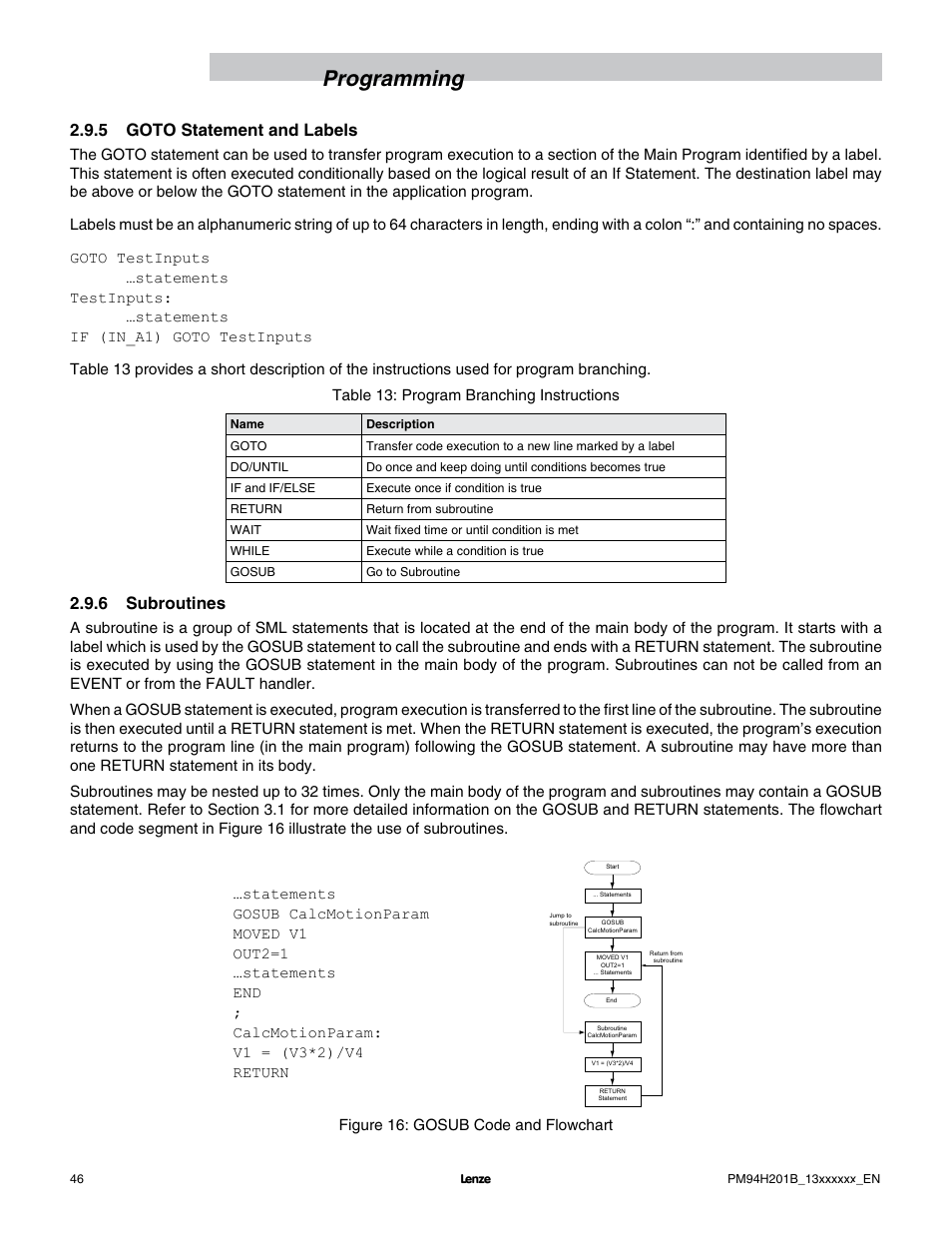 Programming, 5 goto statement and labels, 6 subroutines | Lenze E94P PositionServo with MVOB User Manual | Page 48 / 140