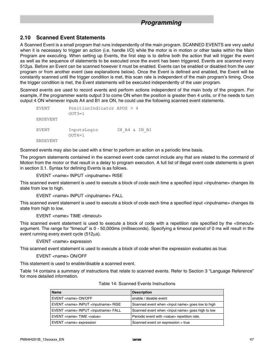 Programming, 10 scanned event statements | Lenze E94P PositionServo with MVOB User Manual | Page 49 / 140