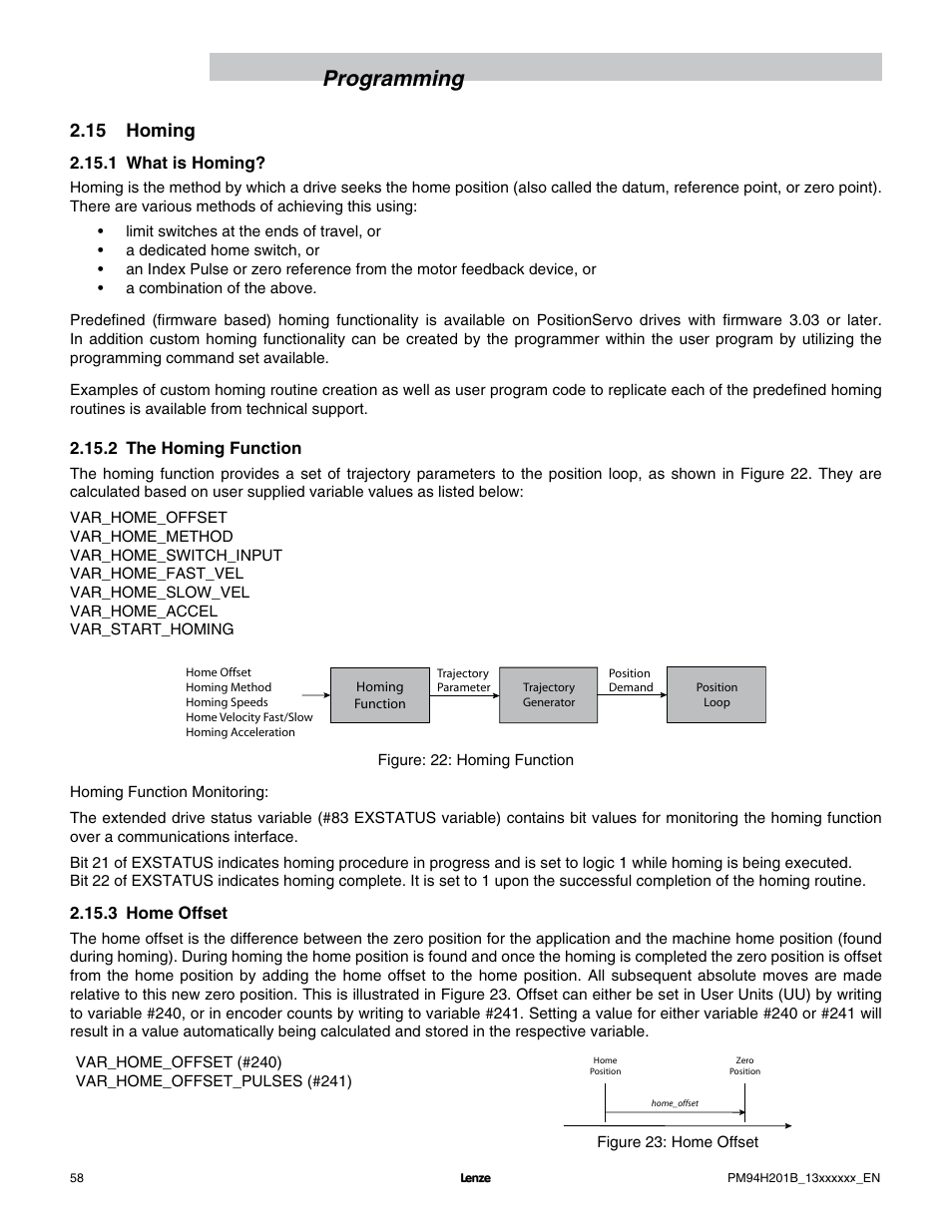 Programming, 15 homing | Lenze E94P PositionServo with MVOB User Manual | Page 60 / 140