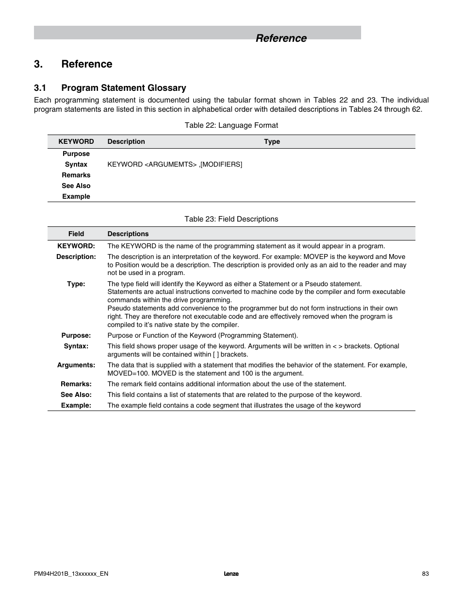 Reference 3. reference | Lenze E94P PositionServo with MVOB User Manual | Page 85 / 140