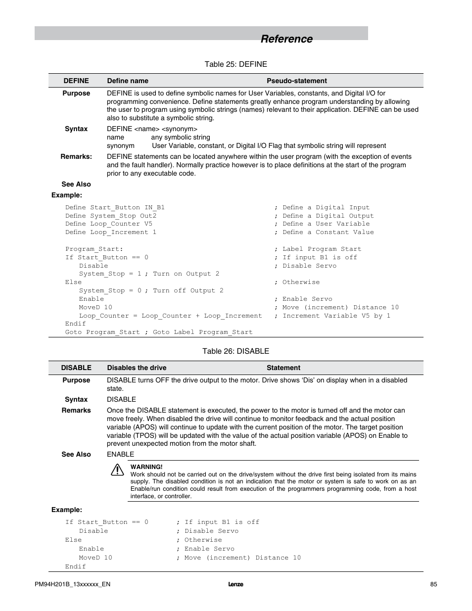 Reference | Lenze E94P PositionServo with MVOB User Manual | Page 87 / 140