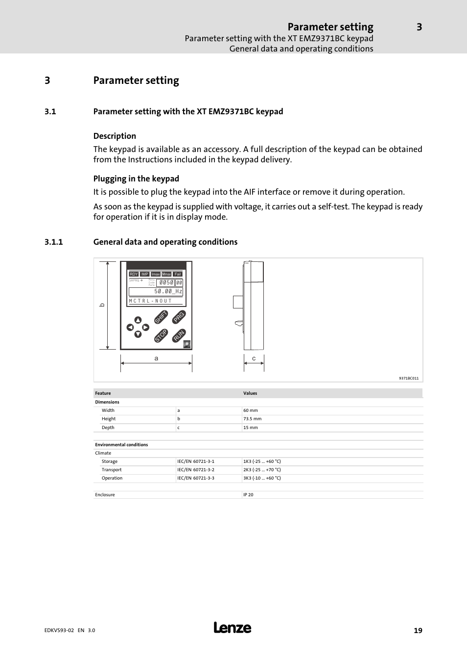 Parameter setting, Parameter setting with the xt emz9371bc keypad, General data and operating conditions | 3parameter setting | Lenze EVS93xx User Manual | Page 19 / 46