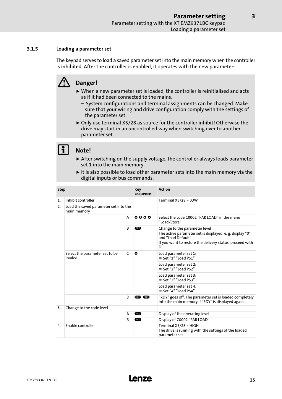 Loading a parameter set, Parameter setting, Danger | Lenze EVS93xx User Manual | Page 25 / 46