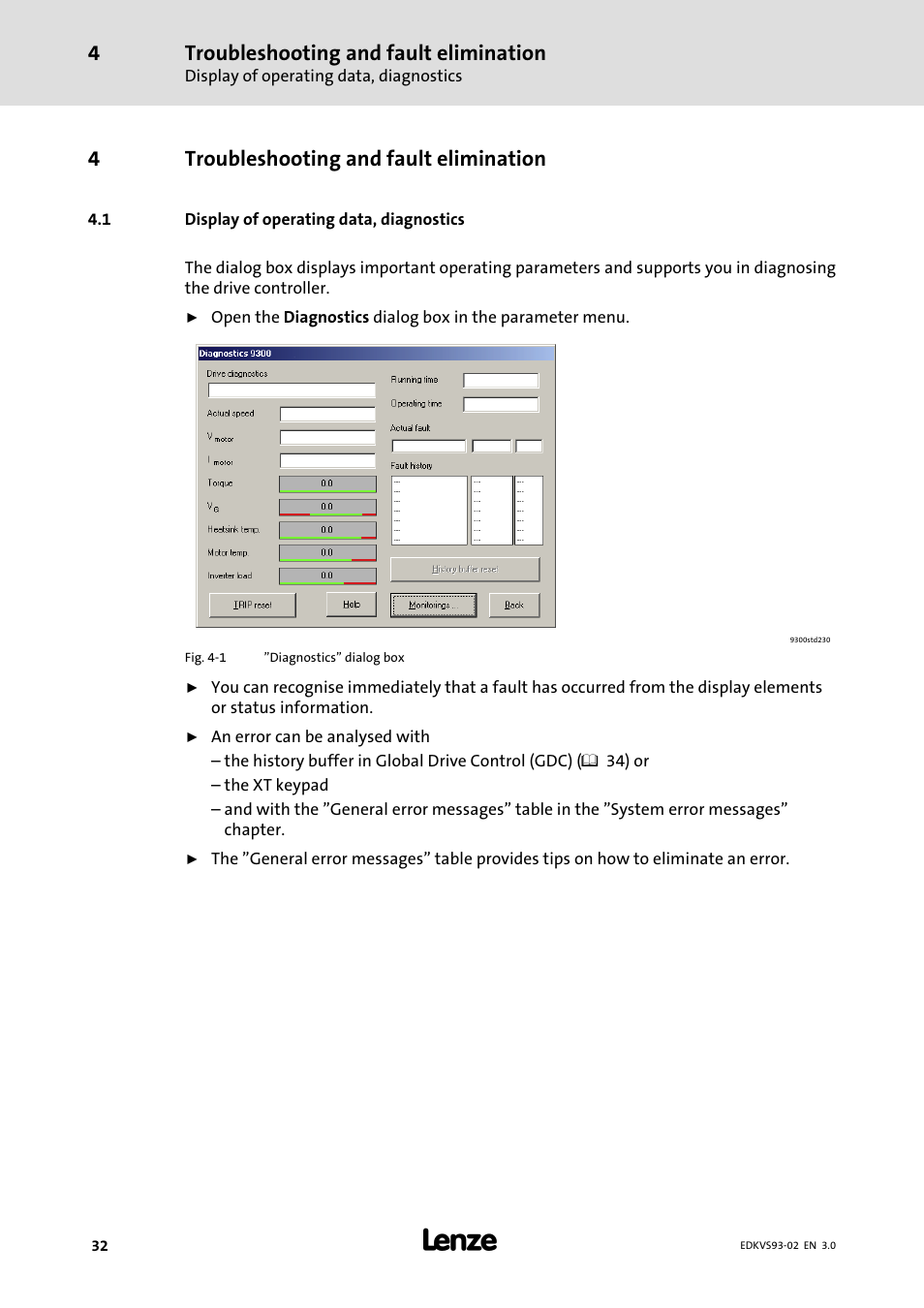 Troubleshooting and fault elimination, Display of operating data, diagnostics, 4troubleshooting and fault elimination | Lenze EVS93xx User Manual | Page 32 / 46