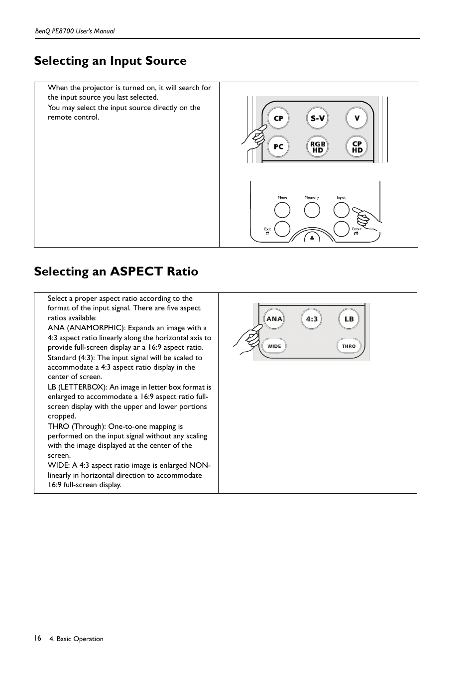 Selecting an input source, Selecting an aspect ratio | BenQ PE8700 User Manual | Page 16 / 27
