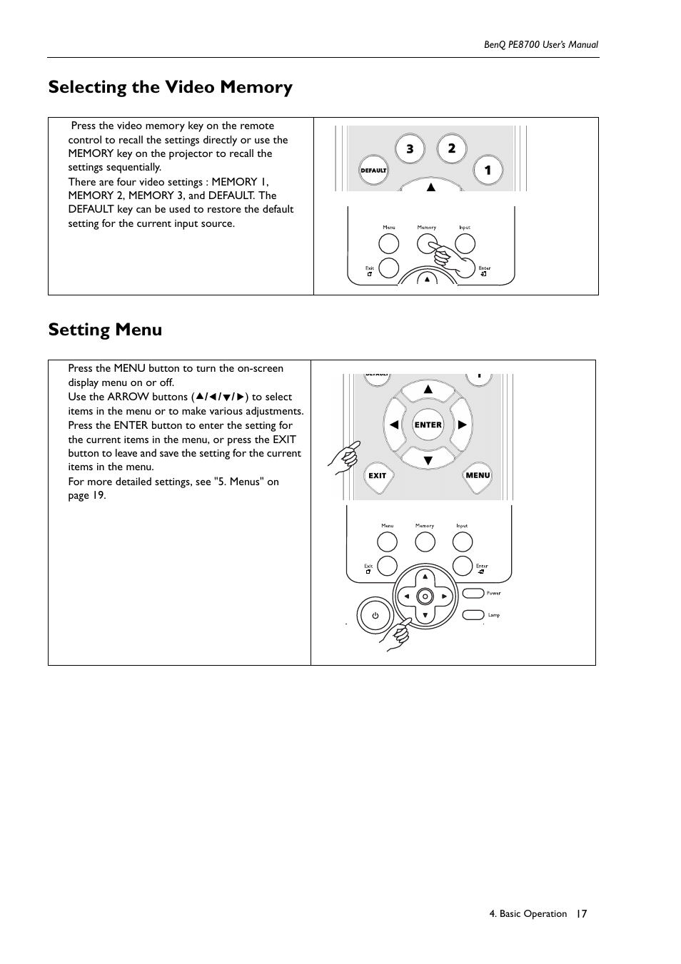 Selecting the video memory, Setting menu, Selecting the video memory setting menu | BenQ PE8700 User Manual | Page 17 / 27