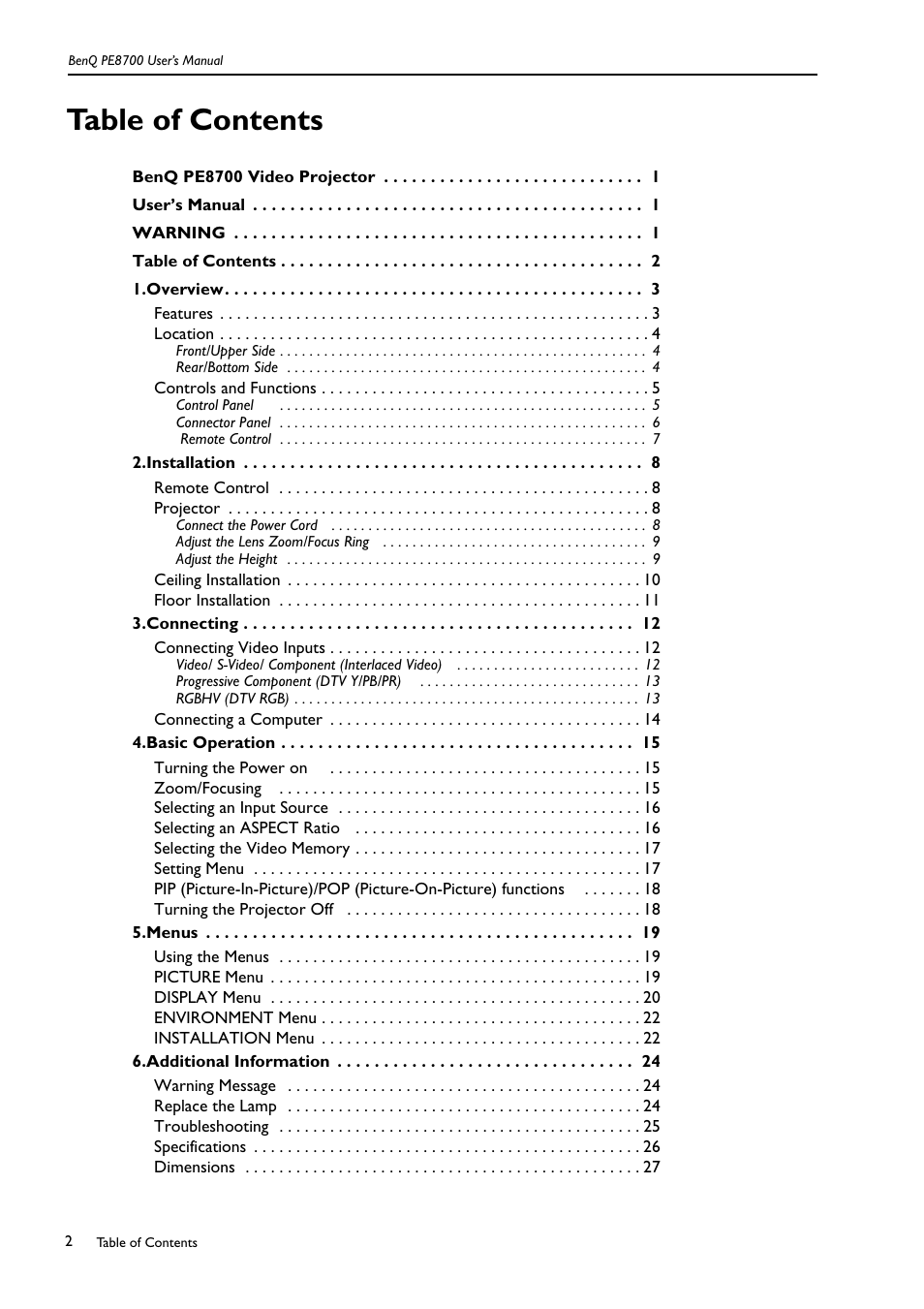 BenQ PE8700 User Manual | Page 2 / 27