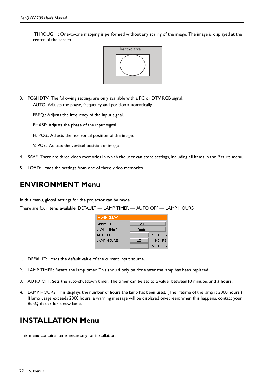 Inactive area, Freq.: adjusts the frequency of the input signal, Phase: adjusts the phase of the input signal | V. pos.: adjusts the vertical position of image, Environment menu, Installation menu, Environment menu installation menu | BenQ PE8700 User Manual | Page 22 / 27