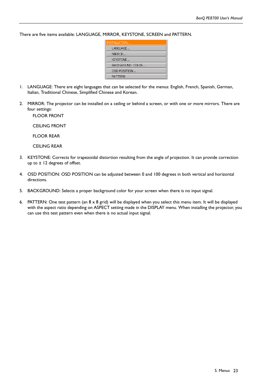 Floor front, Ceiling front, Floor rear | Ceiling rear | BenQ PE8700 User Manual | Page 23 / 27