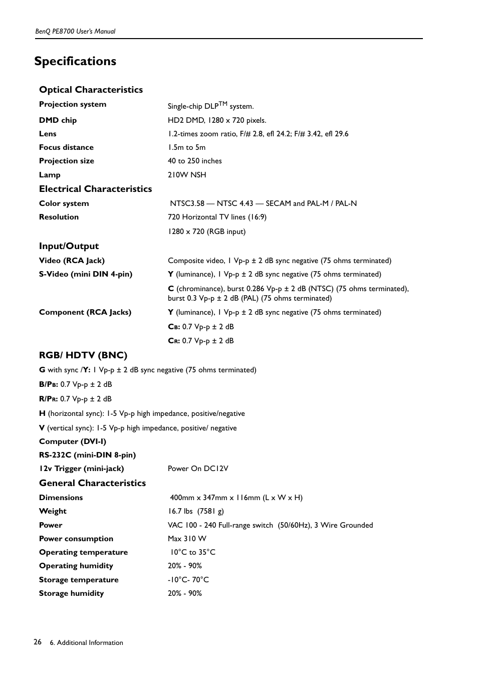 Specifications, Optical characteristics, Electrical characteristics | Input/output, General characteristics, Rgb/ hdtv (bnc) | BenQ PE8700 User Manual | Page 26 / 27