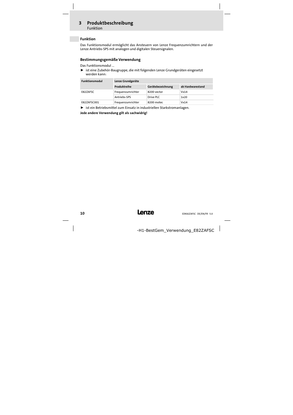 3 produktbeschreibung, Funktion, Bestimmungsgemäße verwendung | Produktbeschreibung 10, 3produktbeschreibung | Lenze E82ZAFSC001 User Manual | Page 10 / 65