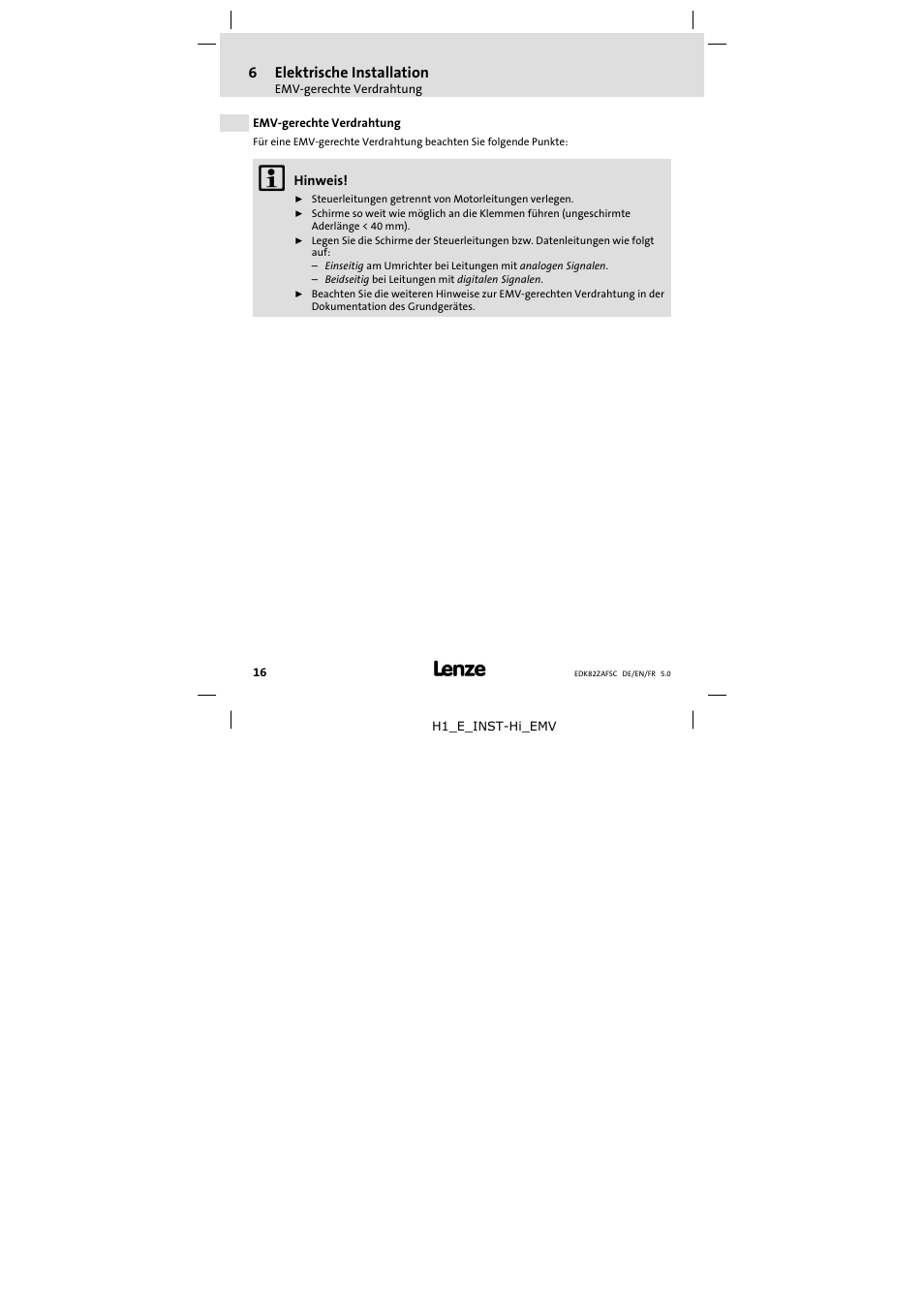6 elektrische installation, Emv-gerechte verdrahtung, Elektrische installation | Emv−gerechte verdrahtung | Lenze E82ZAFSC001 User Manual | Page 16 / 65