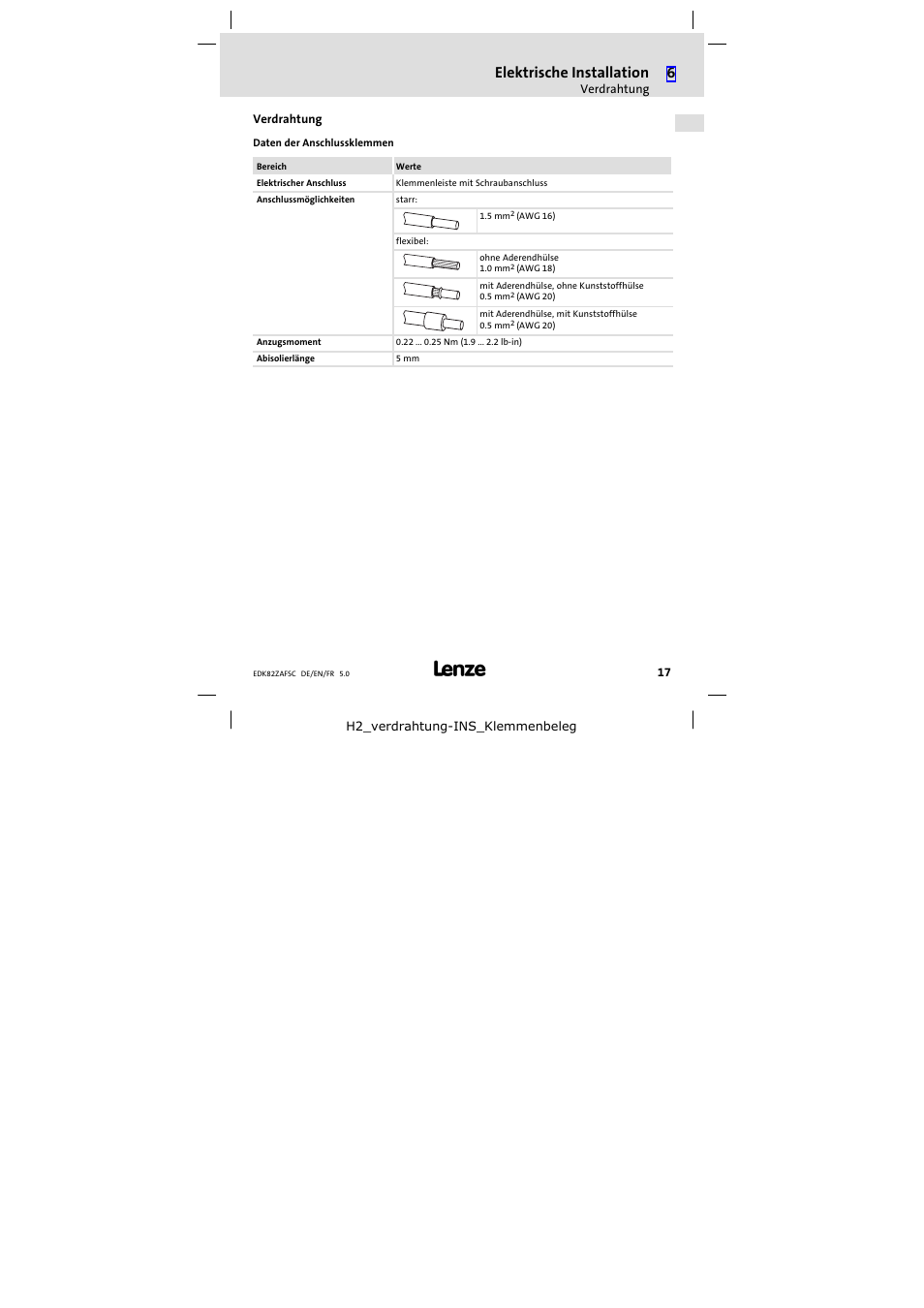 Verdrahtung, Elektrische installation | Lenze E82ZAFSC001 User Manual | Page 17 / 65