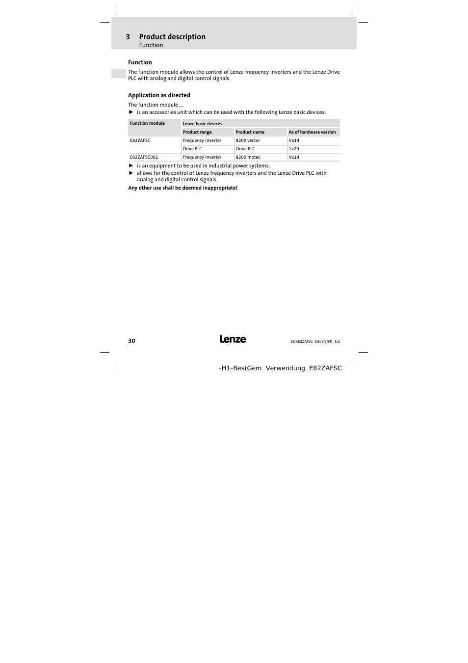 3 product description, Function, Application as directed | Product description, Function 30, 3product description | Lenze E82ZAFSC001 User Manual | Page 30 / 65