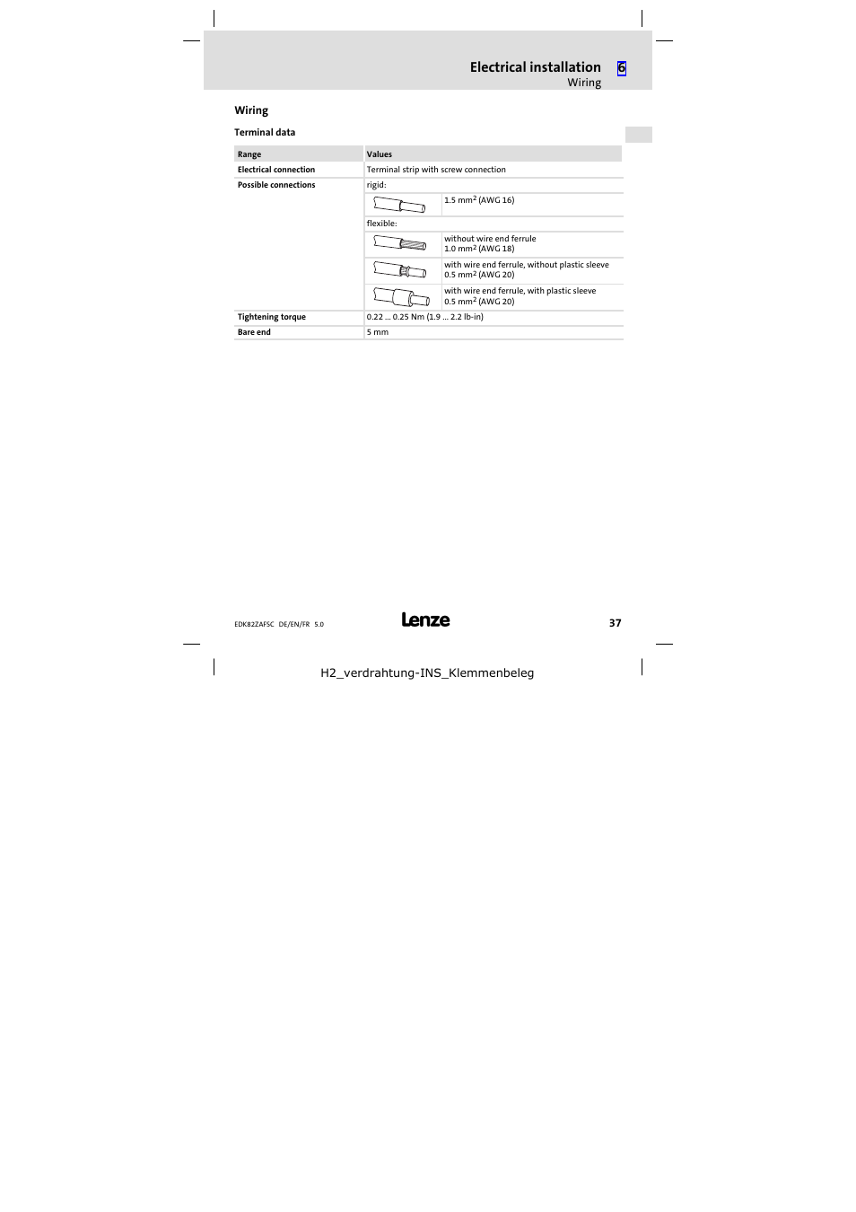 Wiring, Electrical installation | Lenze E82ZAFSC001 User Manual | Page 37 / 65
