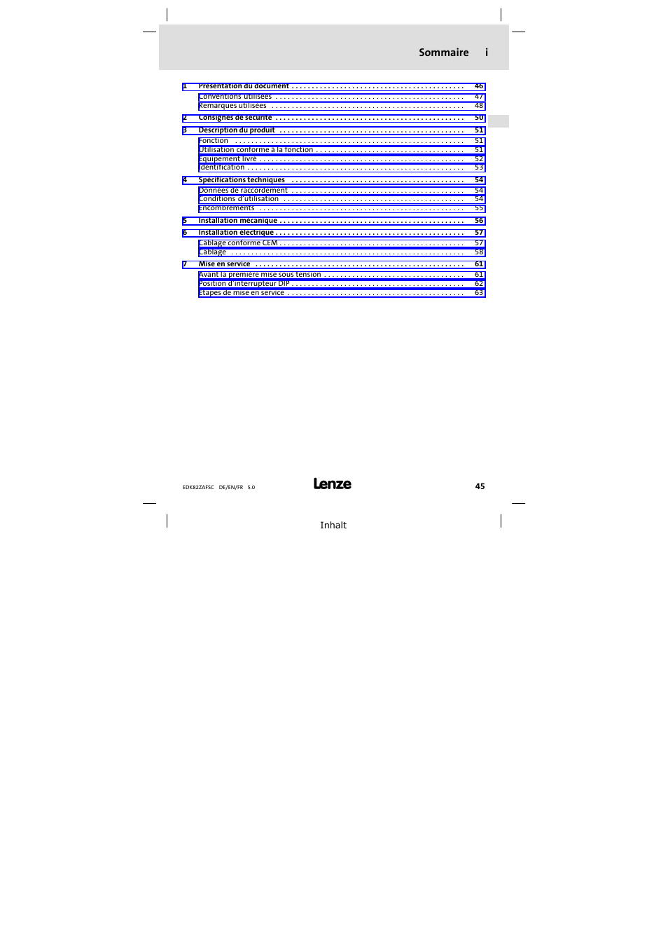 Sommaire, Sommaire i | Lenze E82ZAFSC001 User Manual | Page 45 / 65