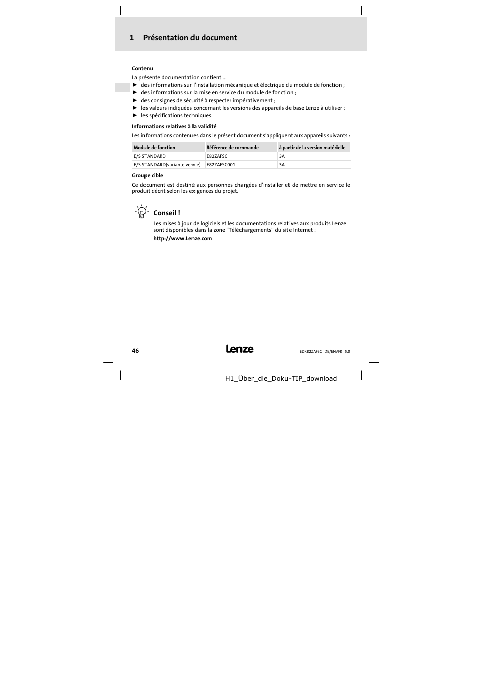 1 présentation du document, Présentation du document, 1présentation du document | Lenze E82ZAFSC001 User Manual | Page 46 / 65