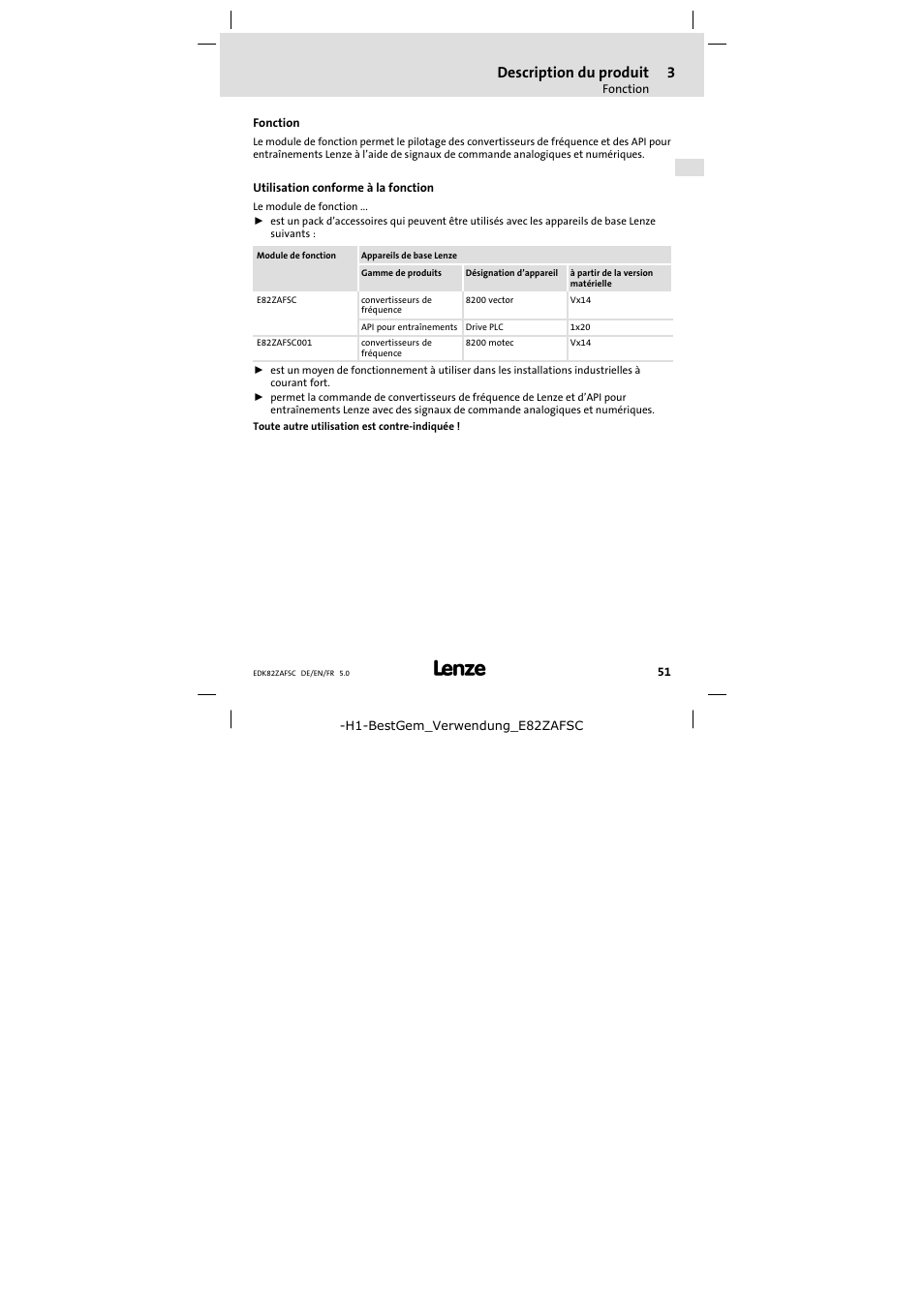 3 description du produit, Fonction, Utilisation conforme à la fonction | Description du produit, Fonction 51 | Lenze E82ZAFSC001 User Manual | Page 51 / 65