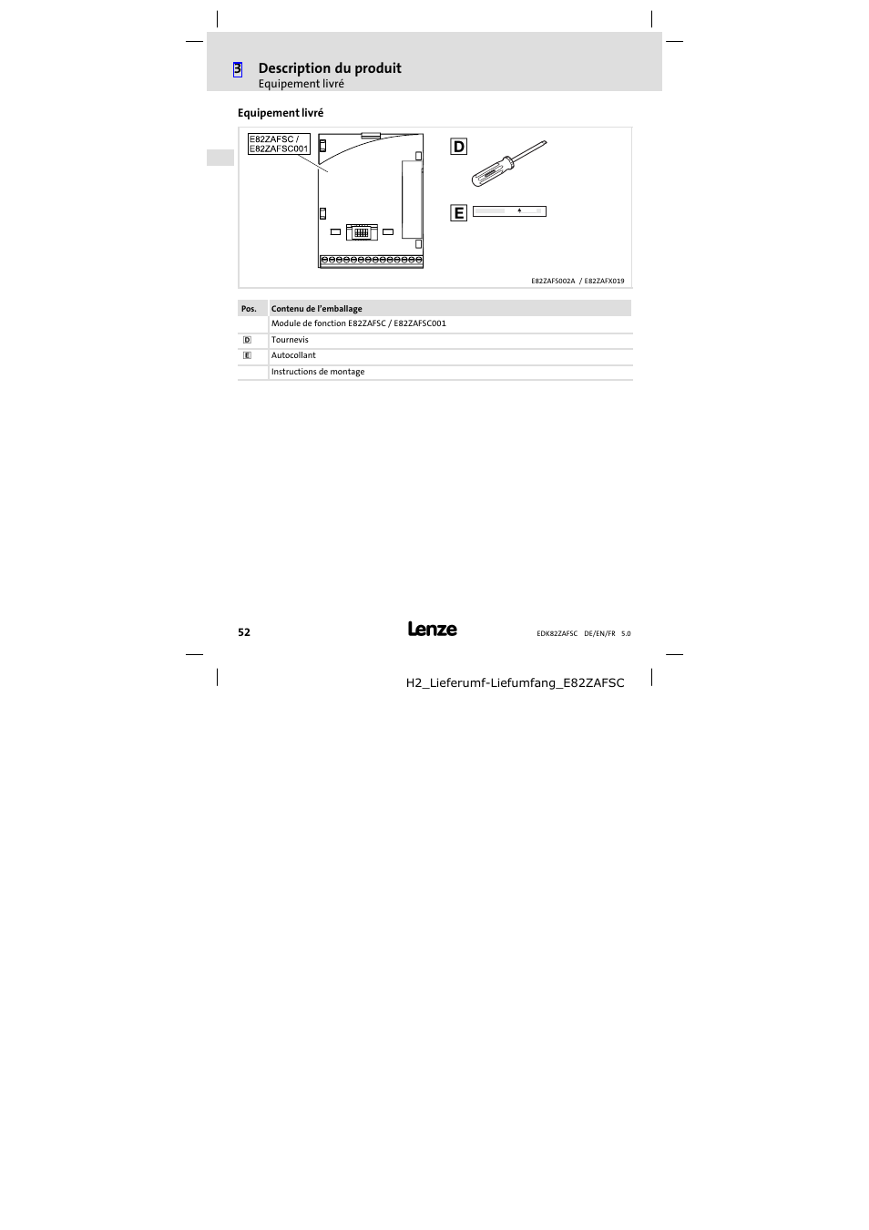 Equipement livré | Lenze E82ZAFSC001 User Manual | Page 52 / 65