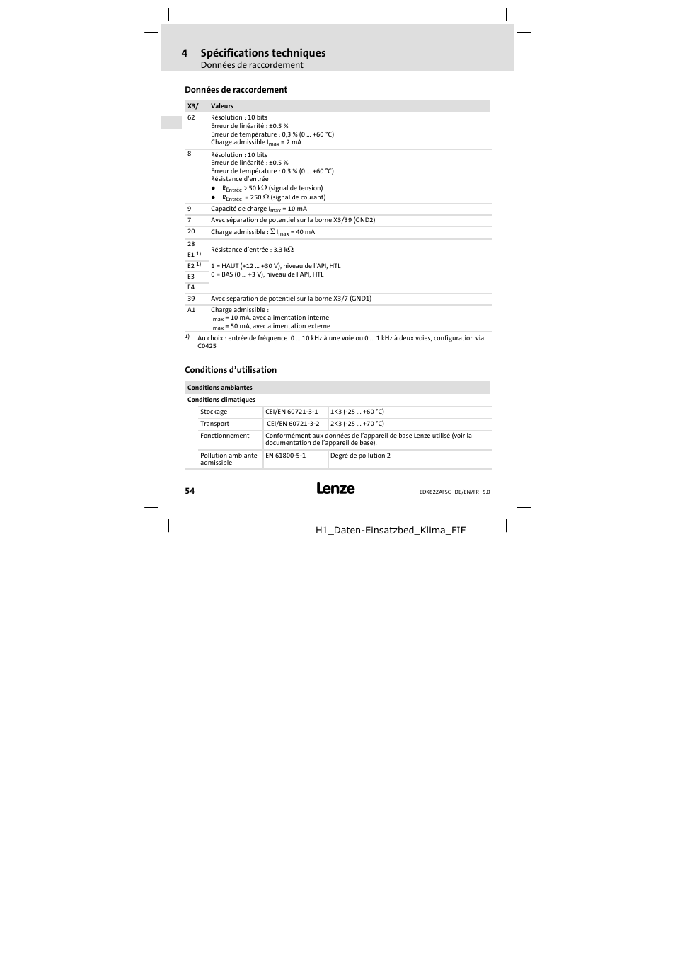4 spécifications techniques, Données de raccordement, Conditions d'utilisation | Spécifications techniques, Conditions d’utilisation, 4spécifications techniques | Lenze E82ZAFSC001 User Manual | Page 54 / 65