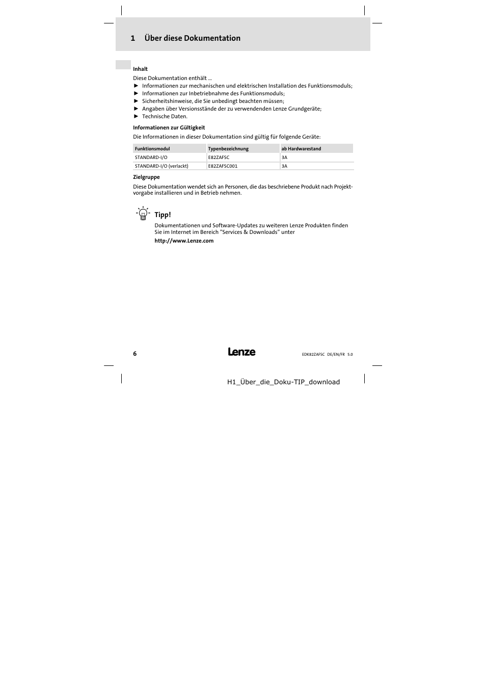 1 über diese dokumentation, Über diese dokumentation, 1über diese dokumentation | Lenze E82ZAFSC001 User Manual | Page 6 / 65
