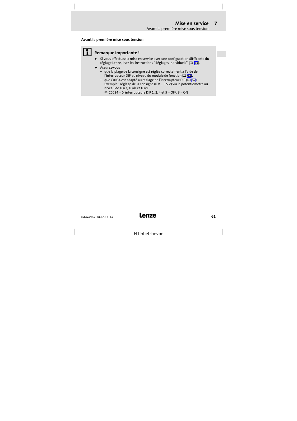 7 mise en service, Avant la première mise sous tension, Mise en service | Lenze E82ZAFSC001 User Manual | Page 61 / 65