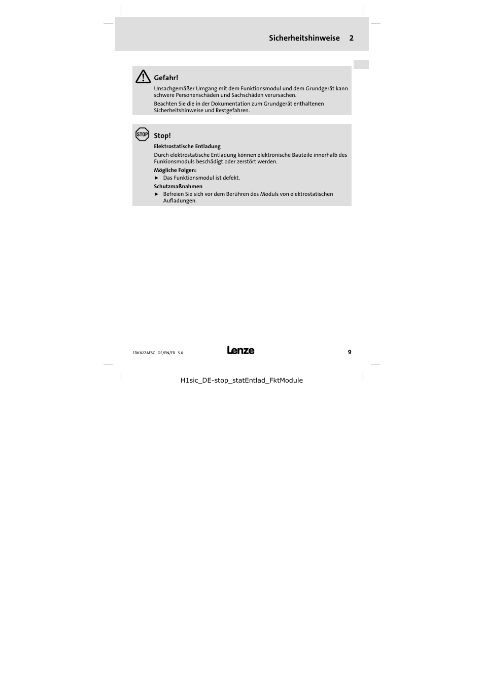 2 sicherheitshinweise, Sicherheitshinweise | Lenze E82ZAFSC001 User Manual | Page 9 / 65