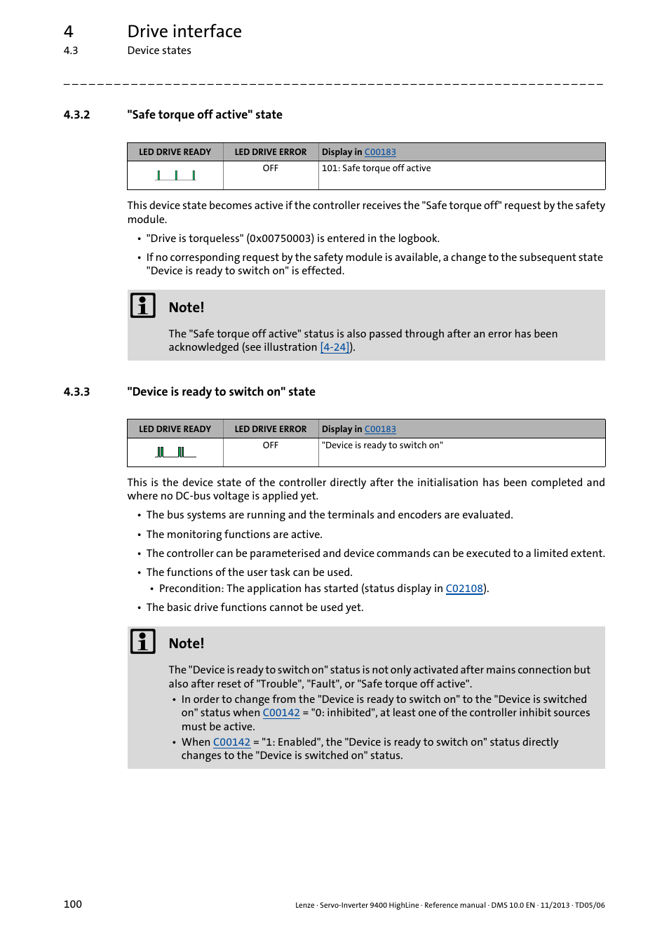 2 "safe torque off active" state, 3 "device is ready to switch on" state, Safe torque off active" state | Device is ready to switch on" state, Safe torque off active, Device is ready to switch on, 4drive interface | Lenze 9400 User Manual | Page 100 / 954