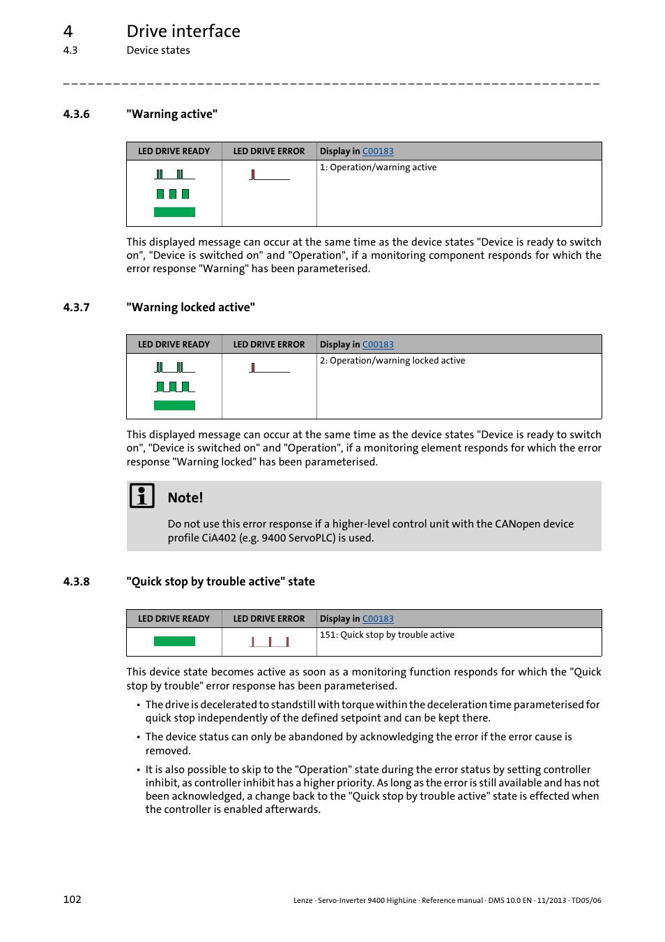 6 "warning active, 7 "warning locked active, 8 "quick stop by trouble active" state | Warning active, Warning locked active, Quick stop by trouble active" state, Quick stop by trouble active, 4drive interface | Lenze 9400 User Manual | Page 102 / 954