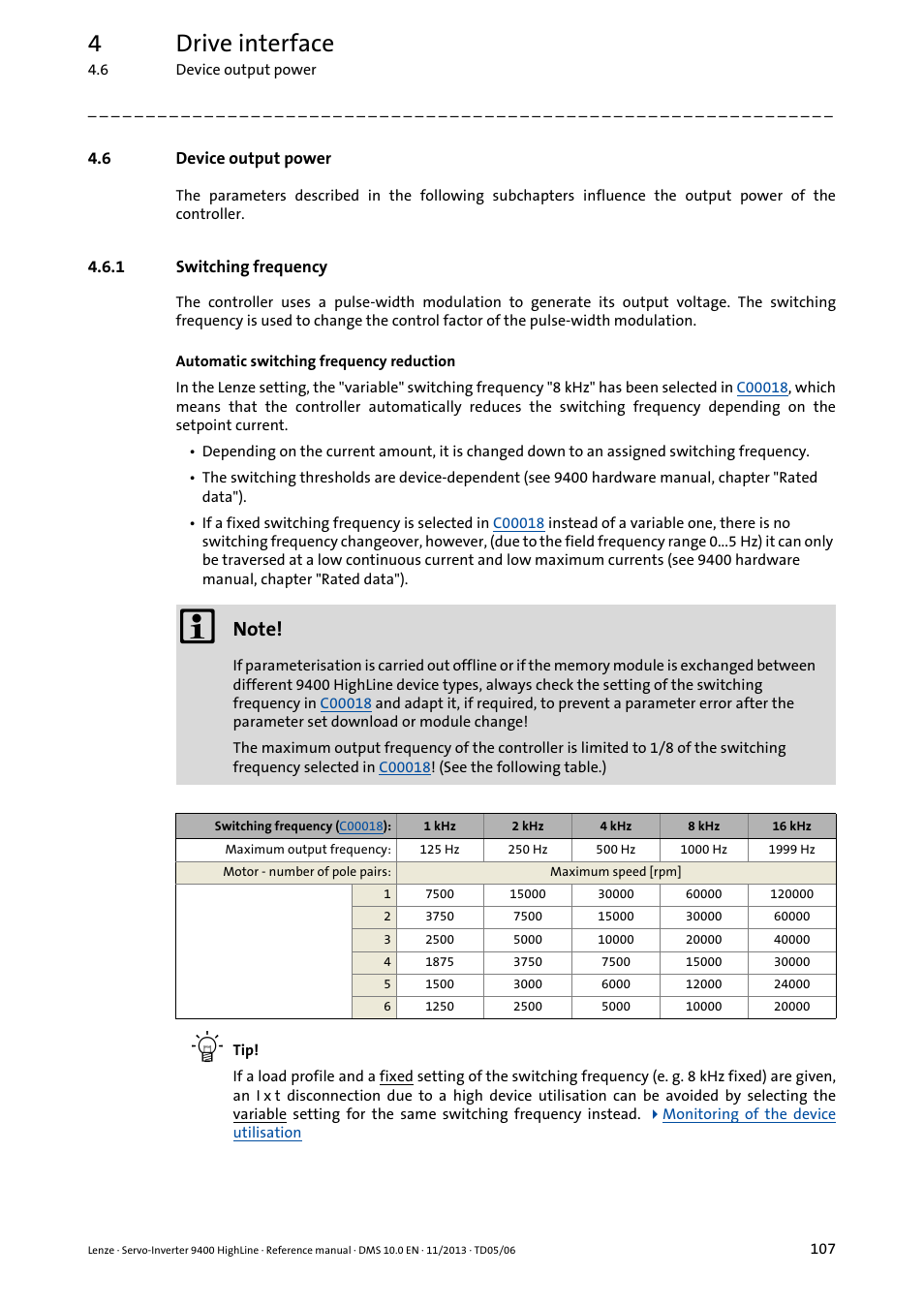 6 device output power, 1 switching frequency, Device output power | Switching frequency, 4drive interface | Lenze 9400 User Manual | Page 107 / 954