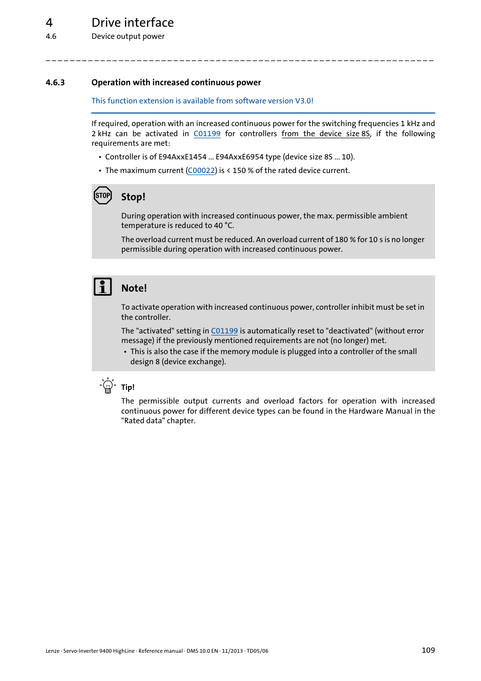 3 operation with increased continuous power, Operation with increased continuous power, 4drive interface | Lenze 9400 User Manual | Page 109 / 954